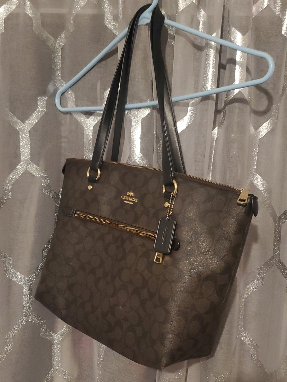 Coach Brown Signature Canvas Tote with Black Leather Straps